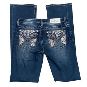 Miss Me Chloe Mid Rise Boot Jean 28 Medium Wash Embroidered Rhinestones Studs